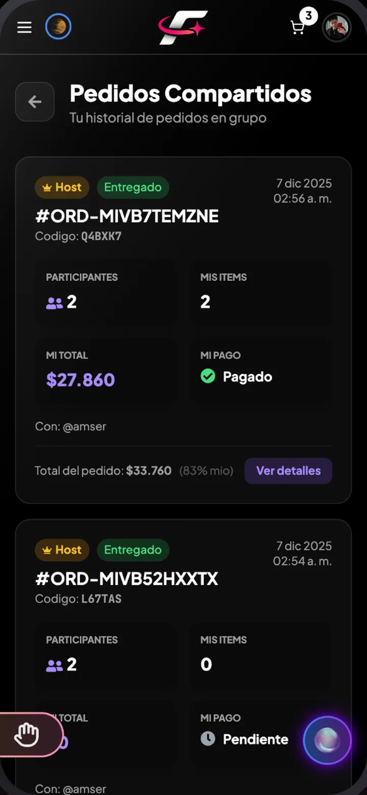Historial de pedidos compartidos